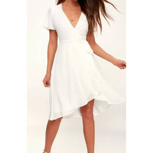 LULU'S sz M Rise to the Occasion White Midi Wrap Sheer lined Dress NEW B45